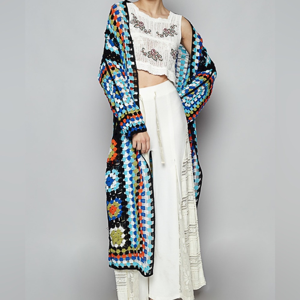 788. POL NEW MULTICOLOR CROCHET CARDIGAN SWEATER DUSTER black boho bohemian - Picture 6 of 6